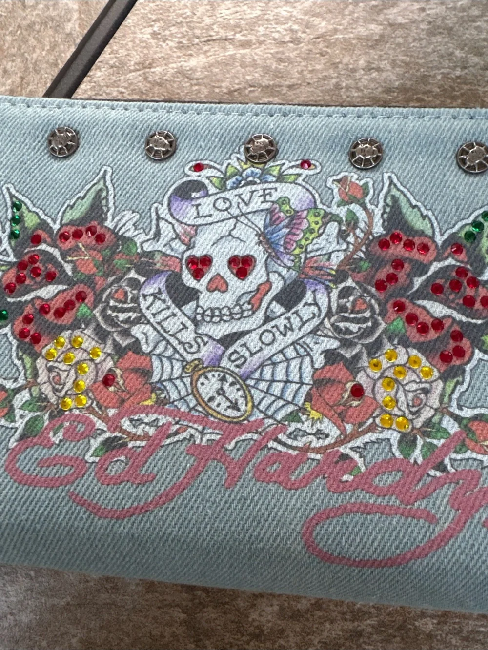 Ed Hardy Light Blue Denim Skull & Roses Wristlet Wallet